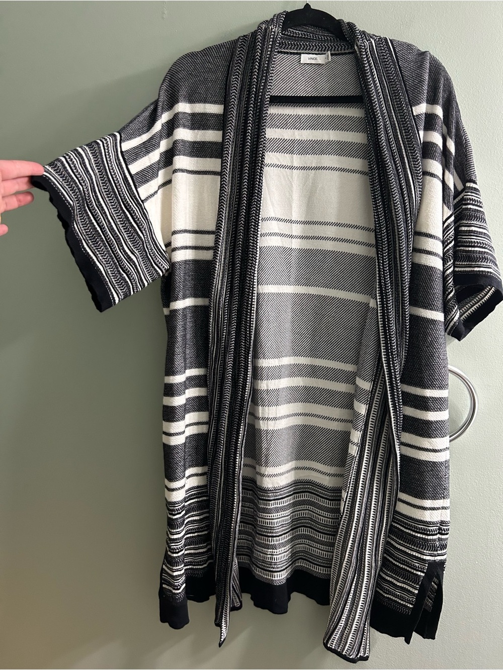 Vince Womens Cardigan Multi Stripe Black Ivory Cotton Knit Sweater Revolve
